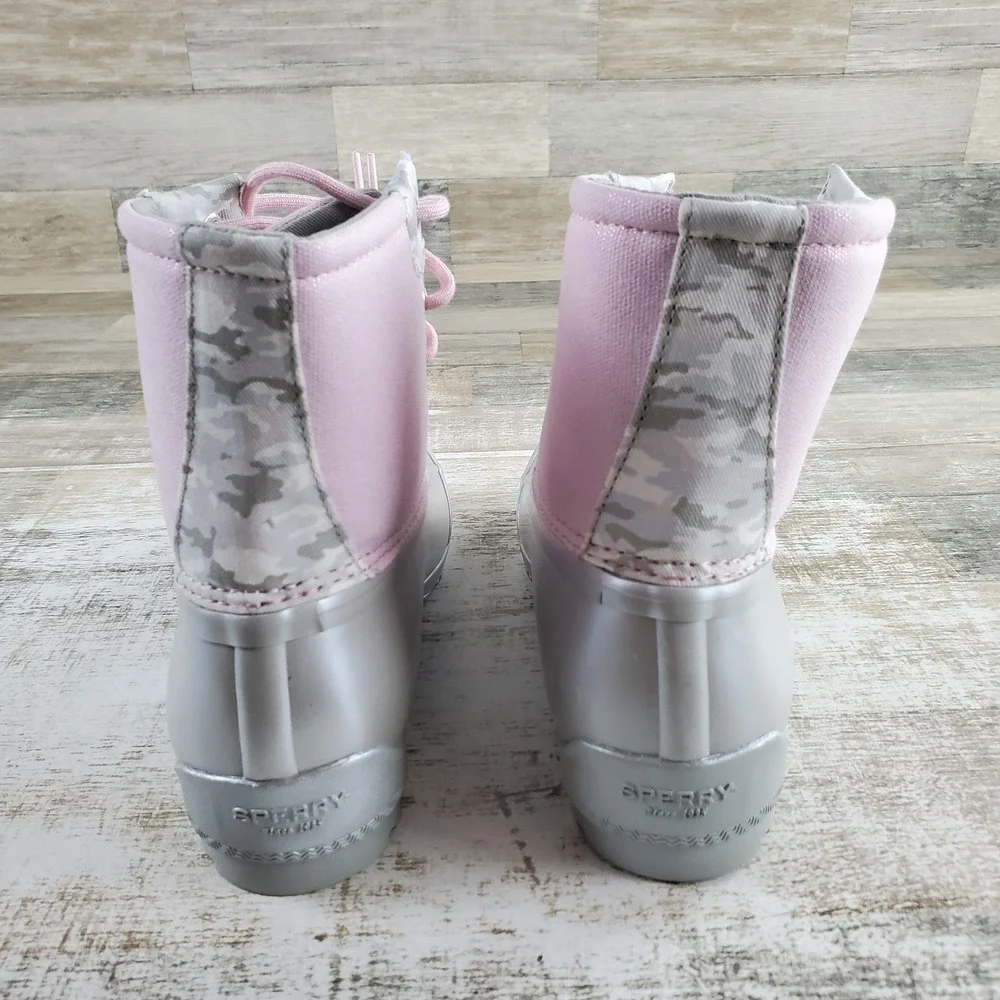 Sperry Port Kids Boots Sz 6 M Pink Canvas Silver Rubber Mid-Top Lace-Up Comfort